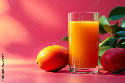 A vibrant glass of refreshing mango juice beside ripe fruits. Set against a smooth gradient background, this image captures the essence of a sunny summer day. photo