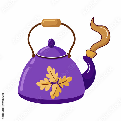 A boiling purple teapot with a pattern of oak leaves and acorns vector illustration (3)