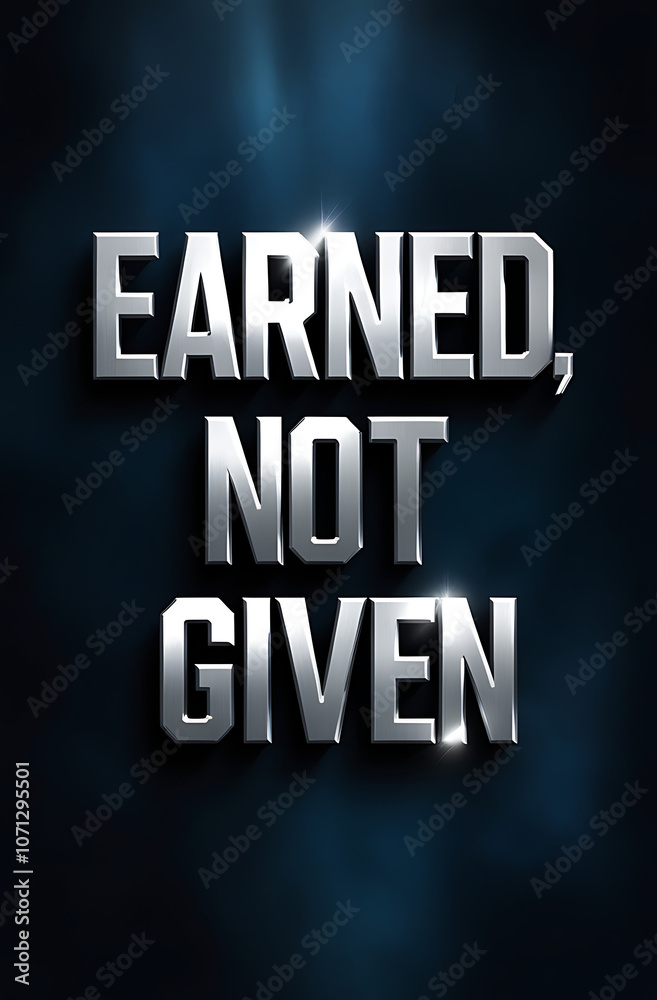 Fototapeta premium Motivational poster with “Earned, Not Given” in bold, confident typography on a dark background, highlighting commitment and hard work.