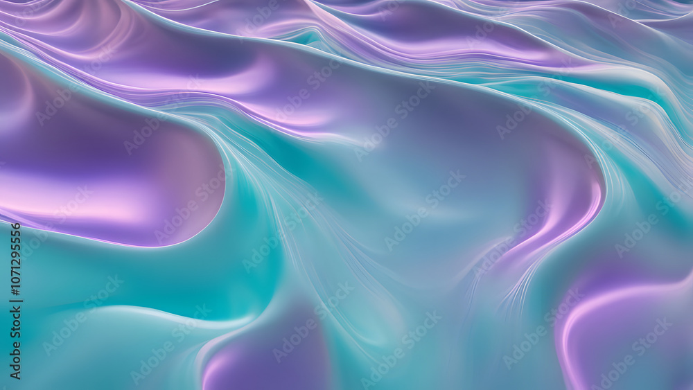Obraz premium A holographic liquid forming smooth curved waves that change from turquoise to lavender, Ai Generated