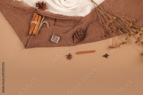 Rustic Background with Cinnamon Sticks, Pinecones, and Star Anise on Neutral Fabric photo