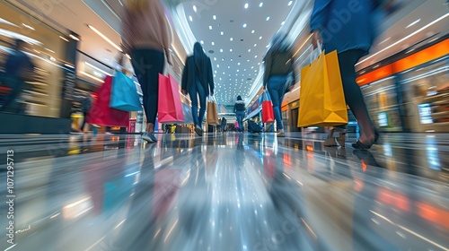 A blurred image of shoppers walking through a mall with colorful shopping bags.
