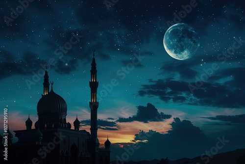 Close up photo of a realistic mosque silhouette with a crescent moon light background in an elegant dark blue night sky