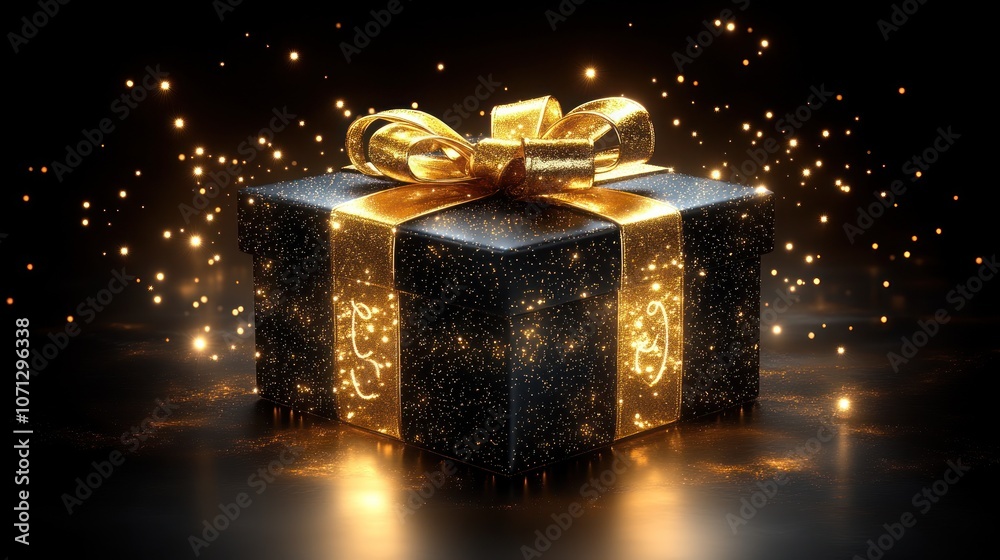 A luxurious black gift box with a golden ribbon and sparkling lights. A luxurious black gift box with a golden ribbon and sparkling lights.