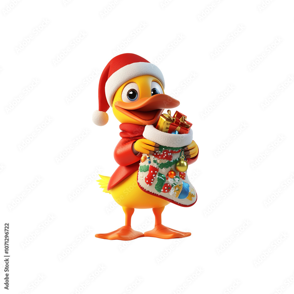 Obraz premium Christmas Duck with Stocking Full of Gifts