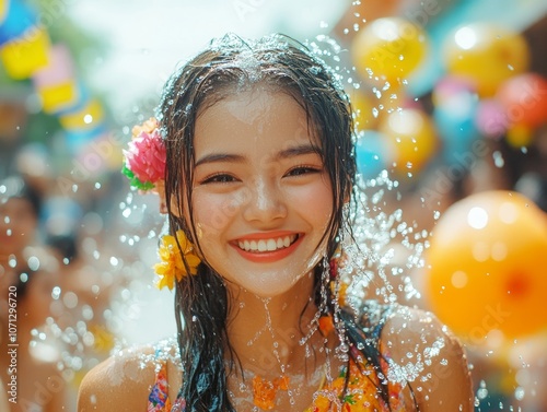 Young Thai woman celebrate Songkran water festival