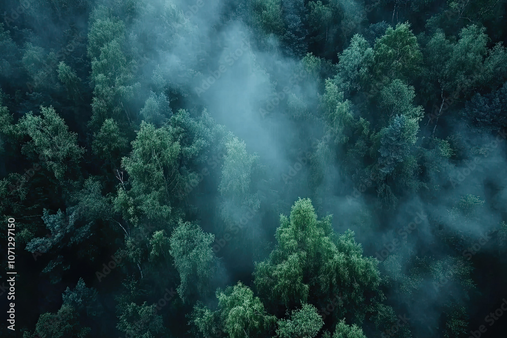Obraz premium Aerial drone forest survey photograph, top down bird's eye view, woodland trees background, surveying landscape trees