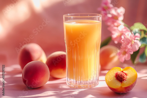 A refreshing glass of peach juice surrounded by fresh peaches, set against a smooth gradient background. Perfect for summer vibes and healthy living.