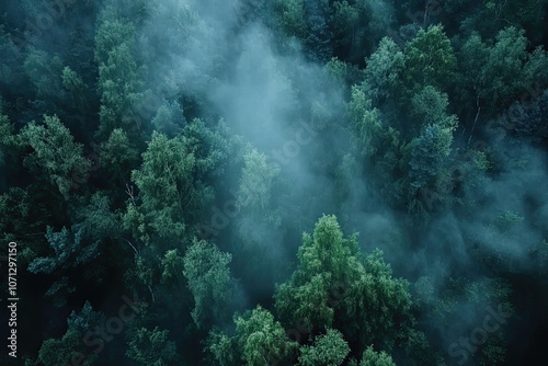 Aerial drone forest survey photograph, top down bird's eye view, woodland trees background, surveying landscape trees