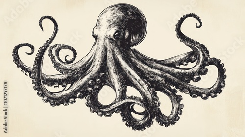 A detailed hand-drawn illustration of an octopus with eight tentacles, rendered in black ink against a textured beige background. photo