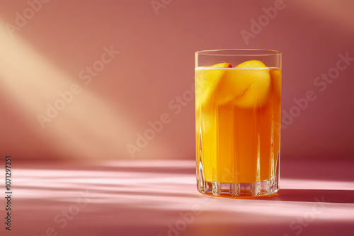 Enjoy a refreshing glass of peach juice filled with ice, set against a soft pink gradient background, perfect for a summer brunch or casual gathering.