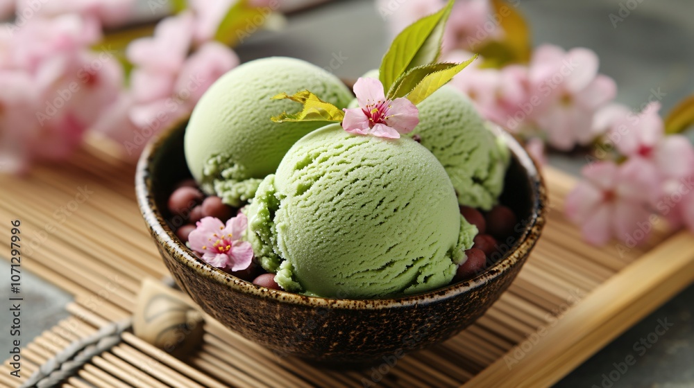 Green Tea Ice Cream with Cherry Blossoms in a Bowl Green Tea Ice Cream with Cherry Blossoms in a Bowl