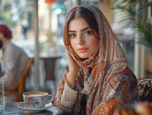 Italian woman in chic fashion at cafe medium shot