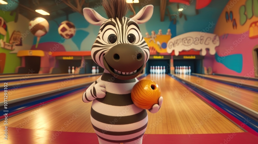Fototapeta premium Cheerful Cartoon Zebra Enjoying Bowling Fun