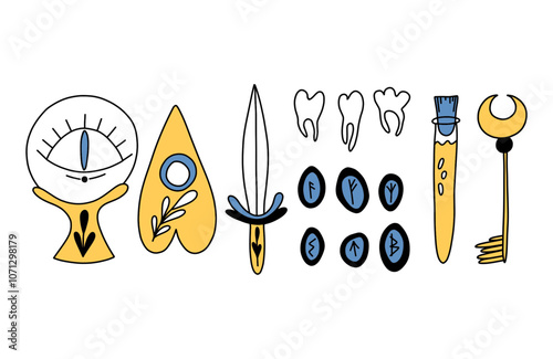 Vector oracle mystical magic design elements set. Witchcraft hand drawn doodle boho collection with Ouija board, celestial crystal ball, potion, key, runes...