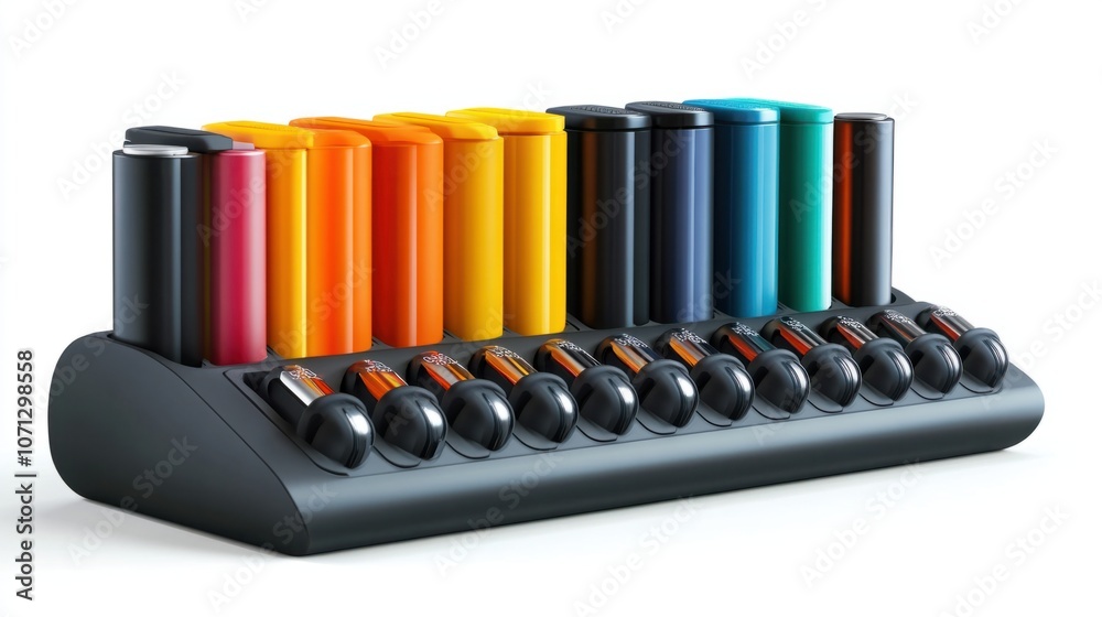 Battery charger with multiple slots, isolated on white, ideal for charging and power themes Battery charger with multiple slots, isolated on white, ideal for charging and power themes
