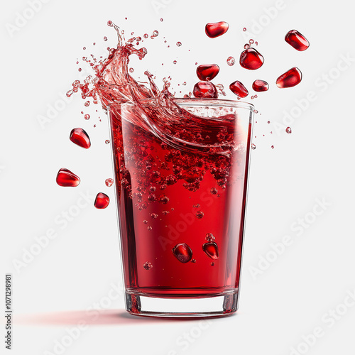 Vibrant pomegranate juice splashes dramatically from a clear glass, showcasing its rich color and texture. Perfect for beverage advertisements or healthy lifestyle concepts.