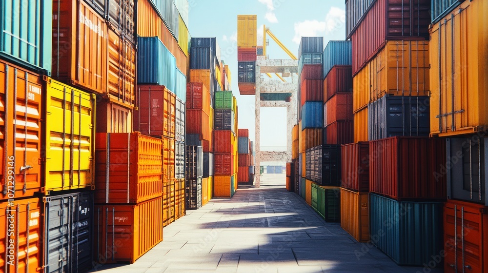 Fototapeta premium A vibrant scene of stacked shipping containers in a cargo area.