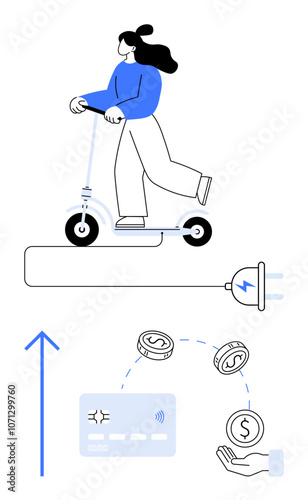 Woman on electric scooter powered by plug icon, nearby dollar coins, credit card, and an upward arrow. Ideal for sustainability, transportation, finance, technology, eco-friendly living saving