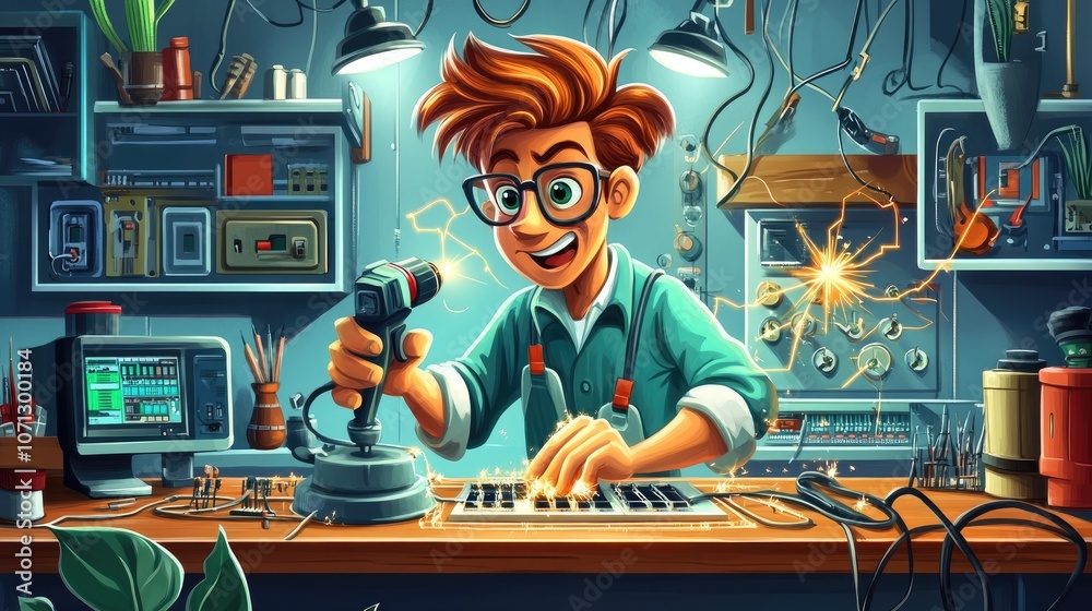 Cartoon Electrician Working in a Busy Workshop Cartoon Electrician Working in a Busy Workshop