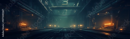 A dimly lit, industrial space featuring glowing lights and shadows, creating a mysterious and futuristic atmosphere.