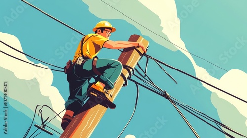 Electrician Climbing Utility Pole in Cartoon Style