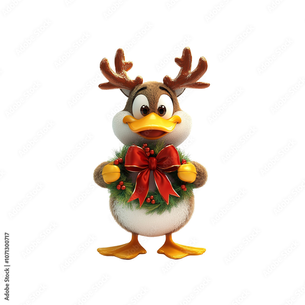 Obraz premium Festive Duck with Reindeer Antlers Holding a Christmas Wreath
