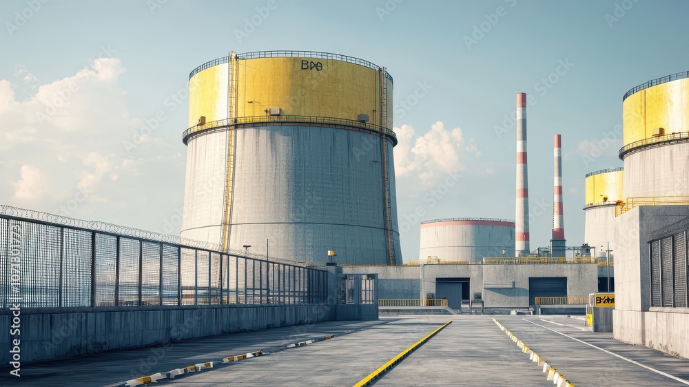 An industrial landscape showcasing large cooling towers and smokestacks under a clear blue sky, emphasizing an energy production facility. An industrial landscape showcasing large cooling towers and smokestacks under a clear blue sky, emphasizing an energy production facility.