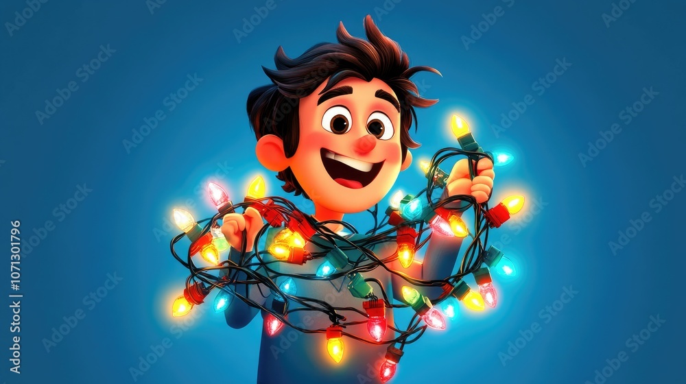 Cheerful Cartoon Electrician with Colorful Lights Cheerful Cartoon Electrician with Colorful Lights