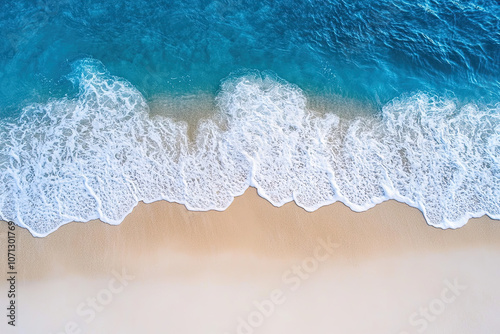 Drone photograph of tropical sea sand beach, Aerial shot shoreline coastline photographs, turquoise water white sands, bird's eye view survey