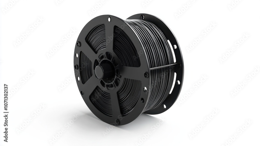 Electric cable reel with a black cord, isolated on a clean white background, ideal for extension needs Electric cable reel with a black cord, isolated on a clean white background, ideal for extension needs