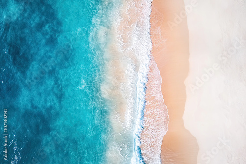 Drone photograph of tropical sea sand beach, Aerial shot shoreline coastline photographs, turquoise water white sands, bird's eye view survey