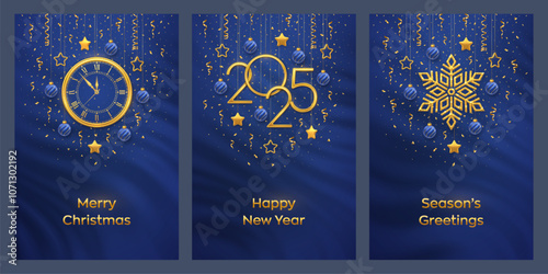 Christmas card set. Happy New Year 2025. Gold numbers 2025, snowflake, watch with Roman numeral and countdown midnight, eve for New Year. Hanging stars, balls on blue background. Vector illustration.