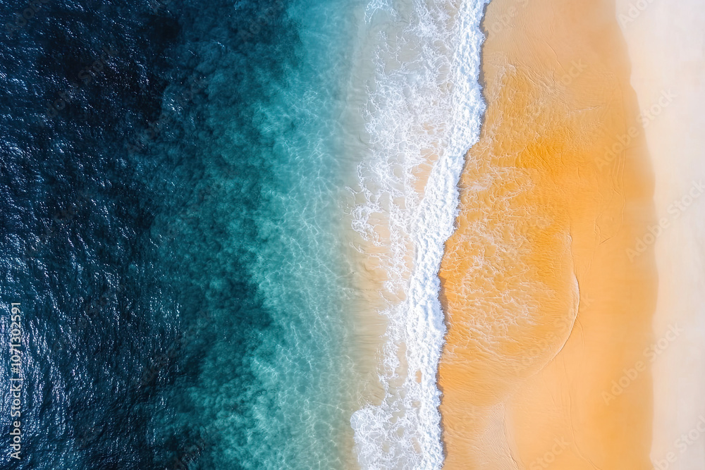 Fototapeta premium Drone photograph of tropical sea sand beach, Aerial shot shoreline coastline photographs, turquoise water white sands, bird's eye view survey