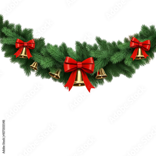 A classic pine garland adorned with red bows and gold bells, isolated on transparent. Great for holiday and seasonal decor designs