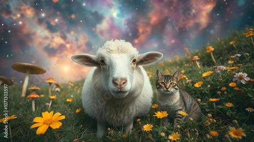 a sheep, psychelic and fantastic colorful universe, mushrooms, cat, exotic flowers, film grain, wide angle shot,outside photography, leica photo