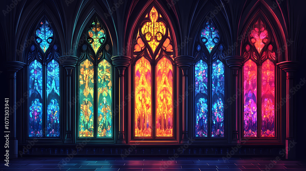 Fototapeta premium Dark cathedral with stained glasses. Gothic. Illustration