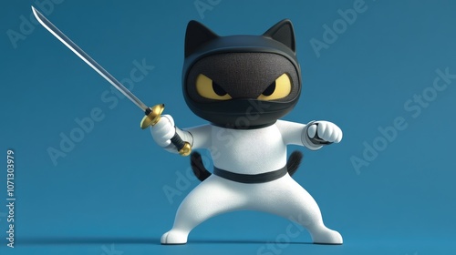 Cartoon Cat Ninja Holding Sword in 3D Style