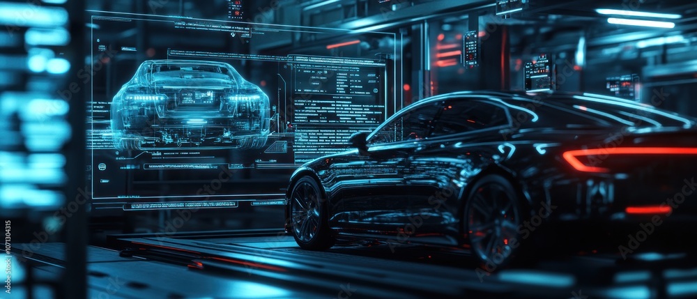 Fototapeta premium A futuristic car in a high-tech environment with digital displays.