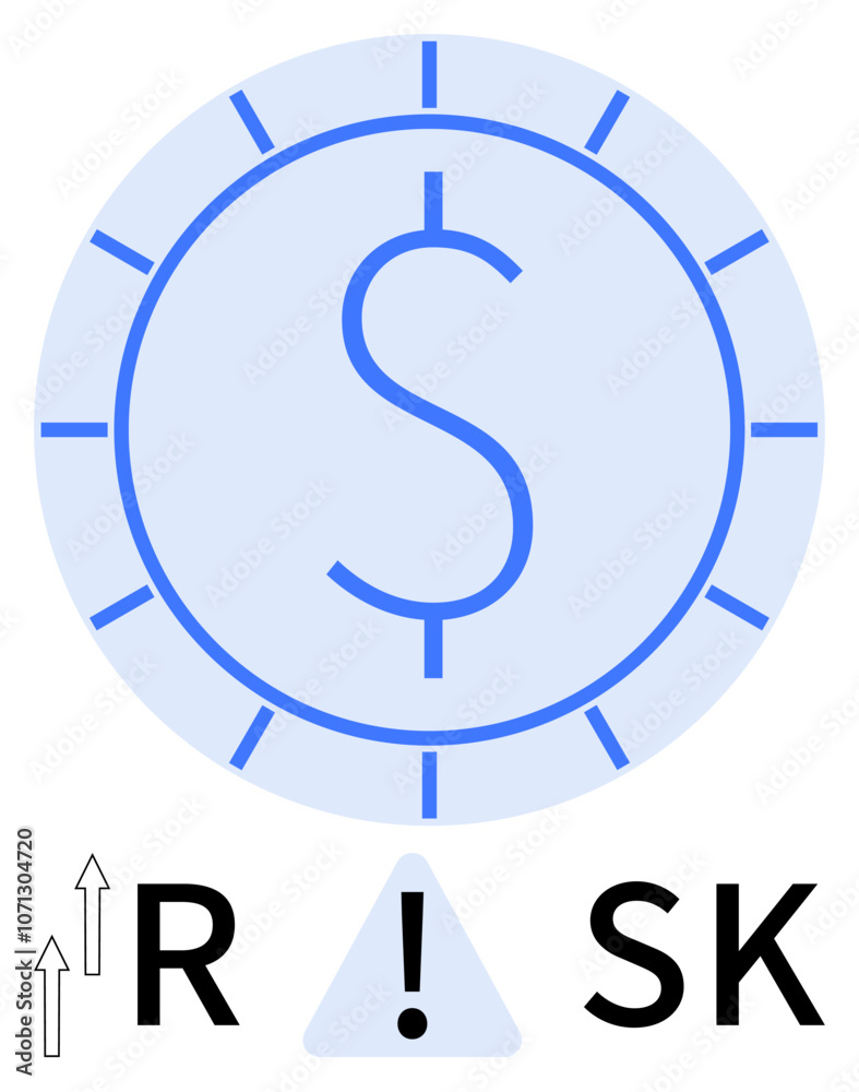 Dollar coin with markings, letters R and SK, and a triangular warning sign with an exclamation mark. Ideal for finance, investment, risk management, economic analysis, business strategy, monetary Dollar coin with markings, letters R and SK, and a triangular warning sign with an exclamation mark. Ideal for finance, investment, risk management, economic analysis, business strategy, monetary
