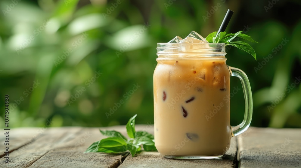 Iced Coffee with Basil Garnish on a Wooden Table Iced Coffee with Basil Garnish on a Wooden Table