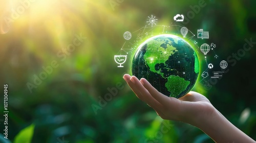 A Hand Holding a Digital Globe with Green Nature Background