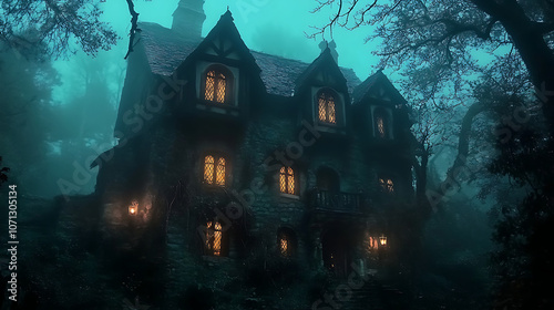 A haunted house with flickering lanterns in the windows, nestled in a dark forest, creating an enchanting yet eerie ambiance 