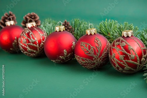 Row of red christmas ball decorations and pine cones on a green background with generative ai