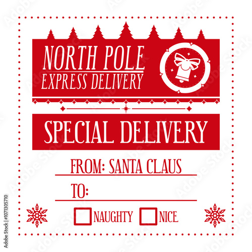 North pole express delivery. Christmas personalized gift box design. Holiday template for Xmas handmade gifts. Vector illustration