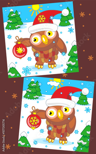 Difference game with owl holding beautiful ornament and wearing holiday cap. Find 7 differences picture puzzle.
