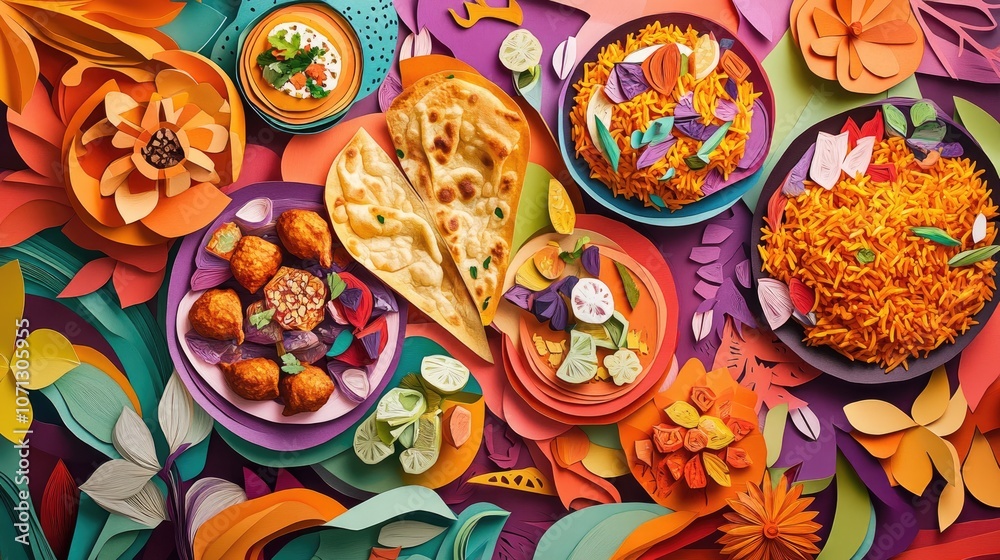 Fototapeta premium A vibrant cut-paper background featuring an assortment of Indian dishes like biryani, samosas, and naan, intricately crafted with colorful paper textures for a playful and artistic look.