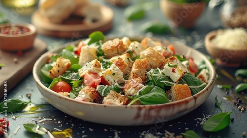 A mouth-watering dish of fresh vegetables and cheese served with toasted breadsticks.