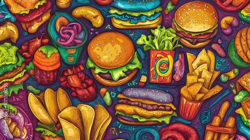 Wallpaper Mural Mosaic-style background featuring a rainbow assortment of fast food items, from burgers to tacos, each rendered in vibrant colors and detailed patterns for a lively and eye-catching effect. Torontodigital.ca