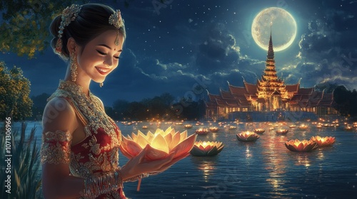 A beautiful Thai woman in Loy Krathong festival scene. photo